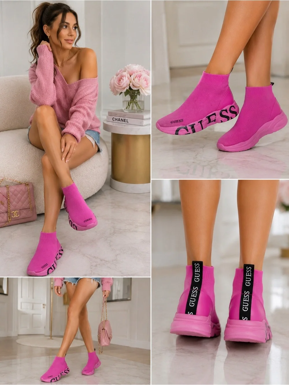 Guess Hot Pink Sock-Sneakers with Black Logo